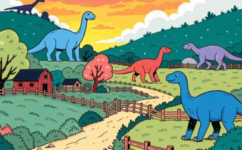 Illustration IA colorée d'un ranch entouré de dinosaures amicaux, évoquant Dino Ranch