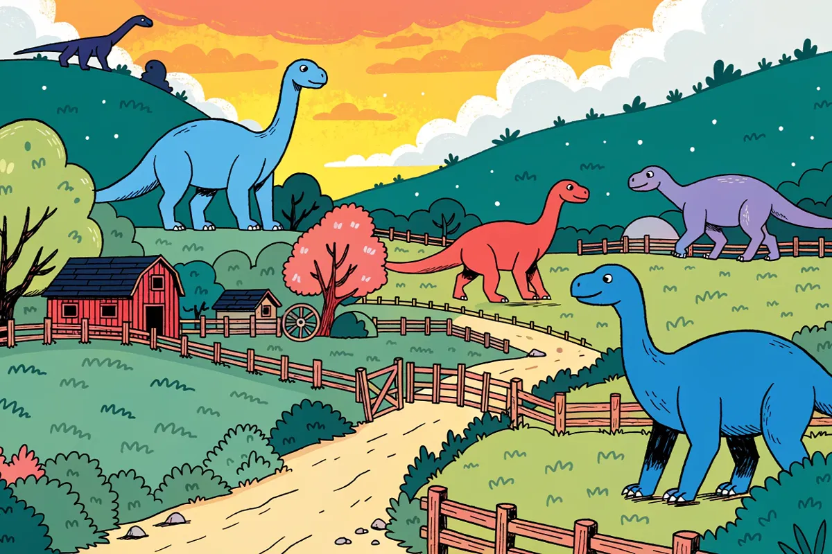 Illustration IA colorée d'un ranch entouré de dinosaures amicaux, évoquant Dino Ranch