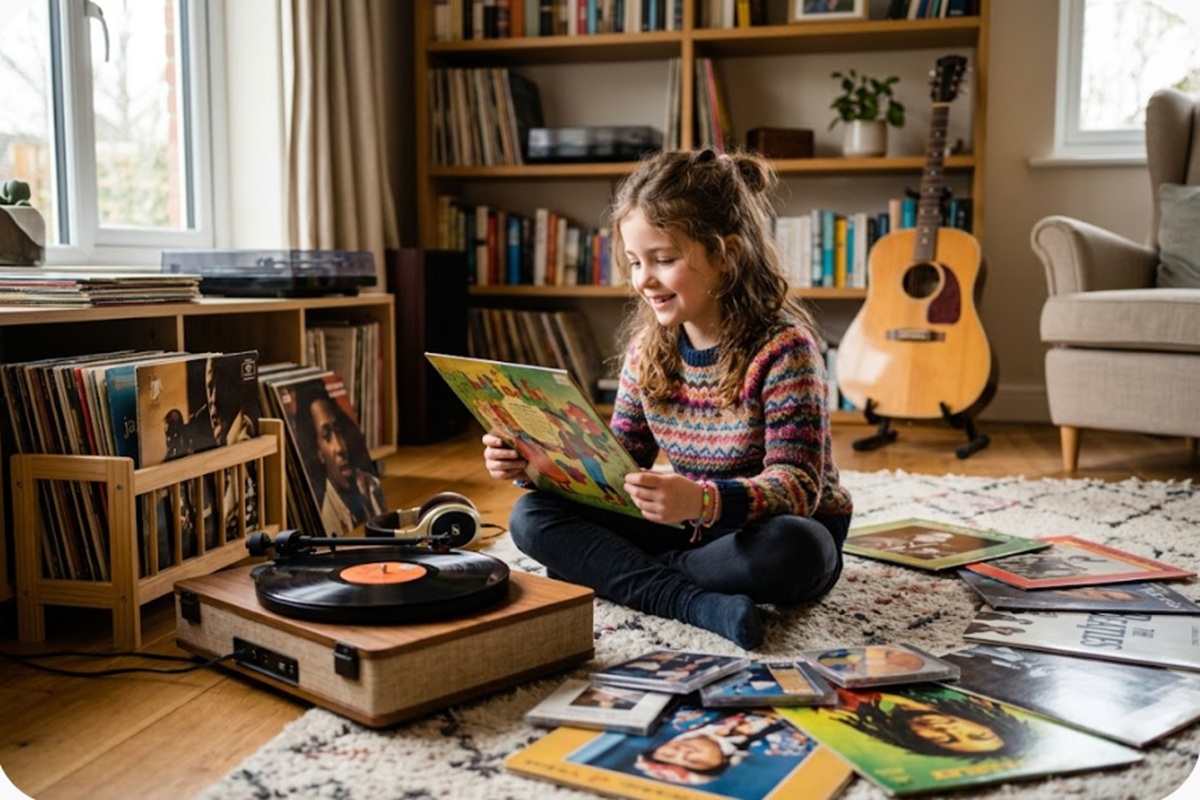 Un enfant avec un disque de musique