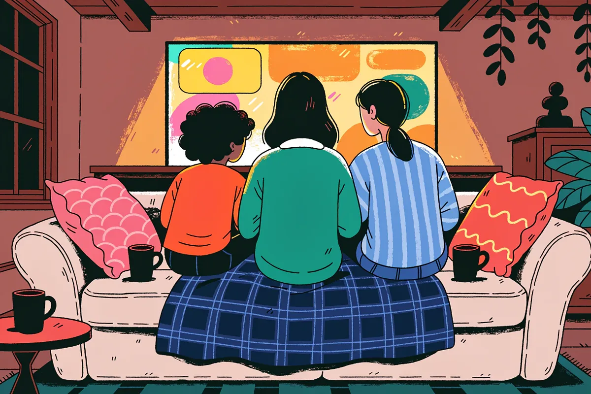 Une famille de dos installée devant l'écran pour regarder Dragons 