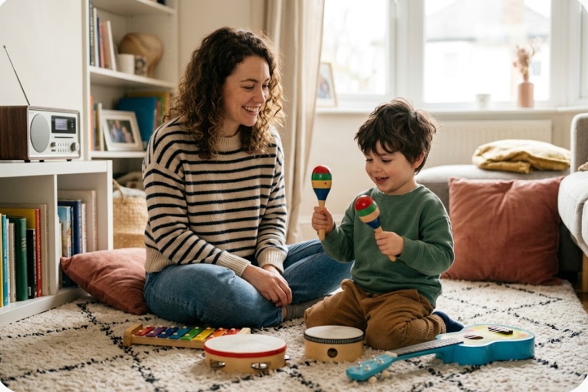 Un enfant jouant avec des instruments de musique
