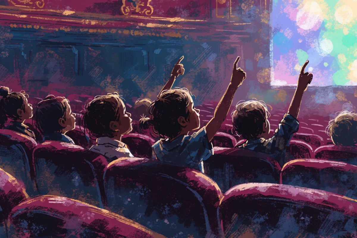 Une salle de cinéma parisienne remplie de jeunes enfants émerveillés devant l’écran