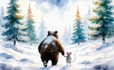 Un ours et une souris vus de dos observant un paysage enneigé illustrant Ernest et Célestine