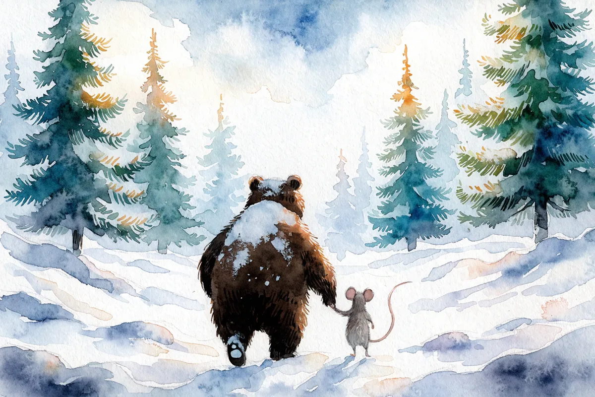 Un ours et une souris vus de dos observant un paysage enneigé illustrant Ernest et Célestine
