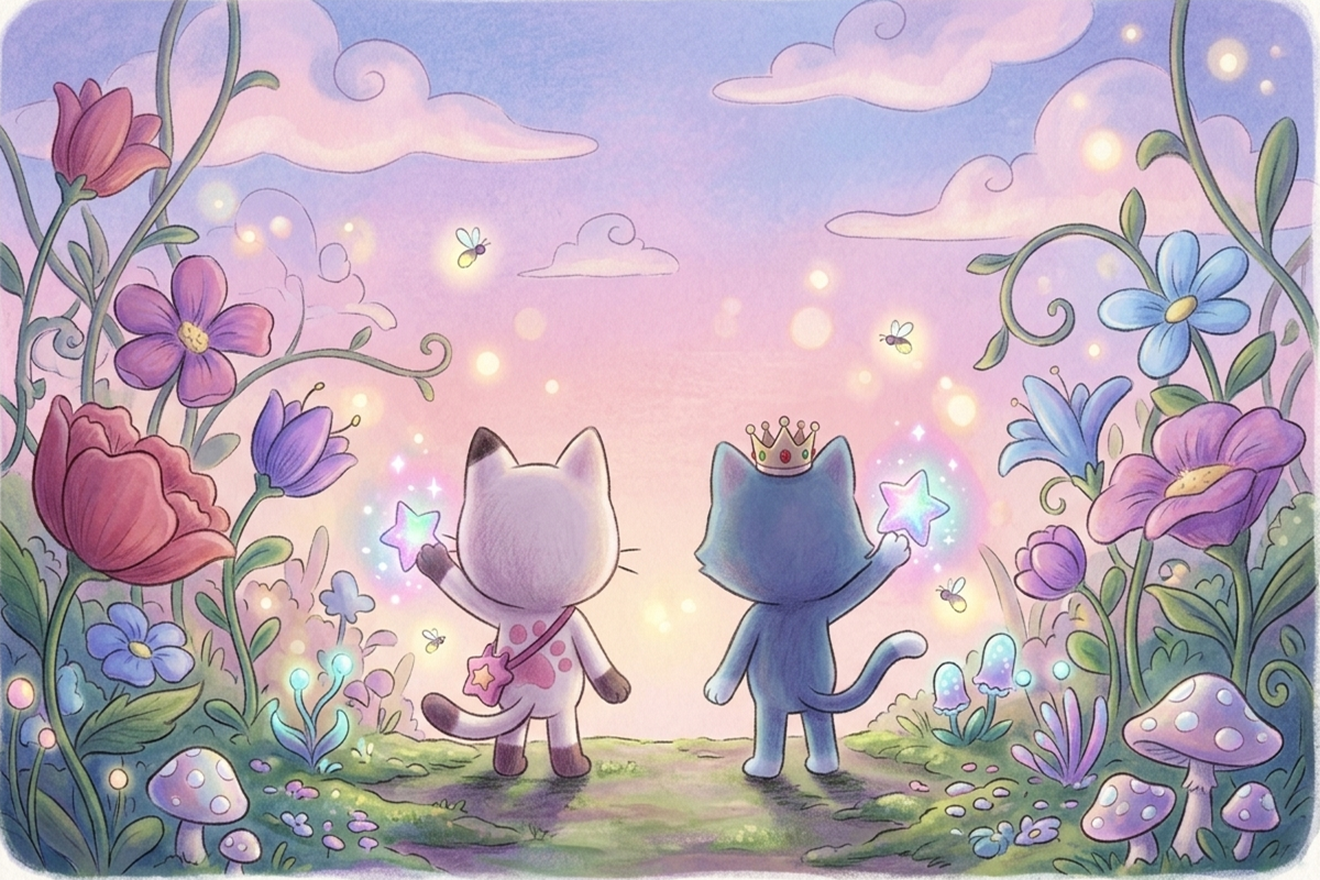 deux chats entourés de plantes lumineuses