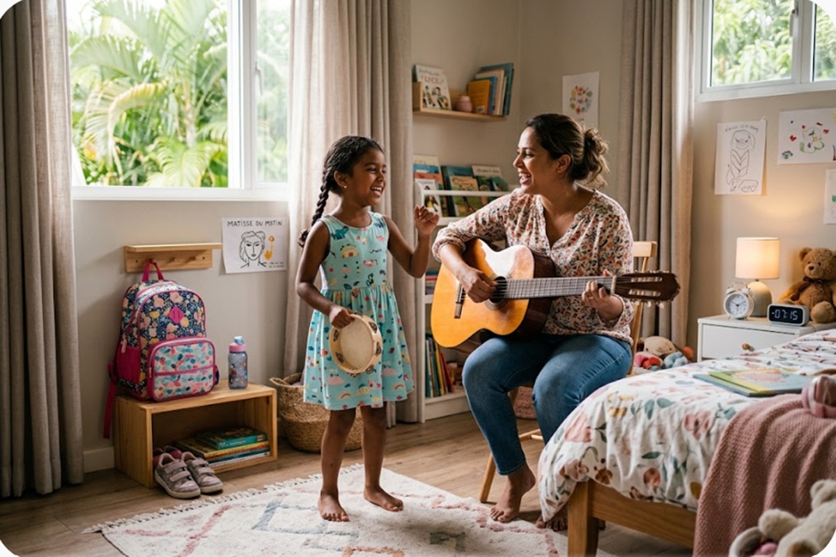 Une petite fille produisant de la musique avec sa maman 
