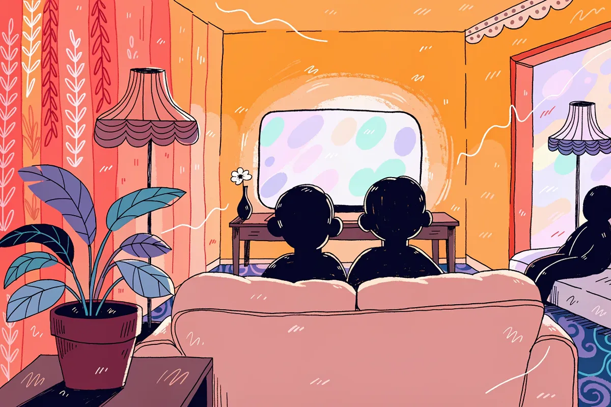 Illustration IA d'un salon familial confortable préparé pour regarder un dessin animé ensemble
