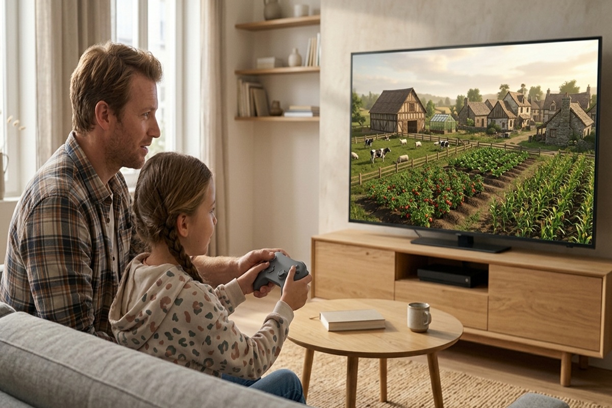 Un adulte et un enfant qui jouent à un jeu de simulation de vie à la ferme