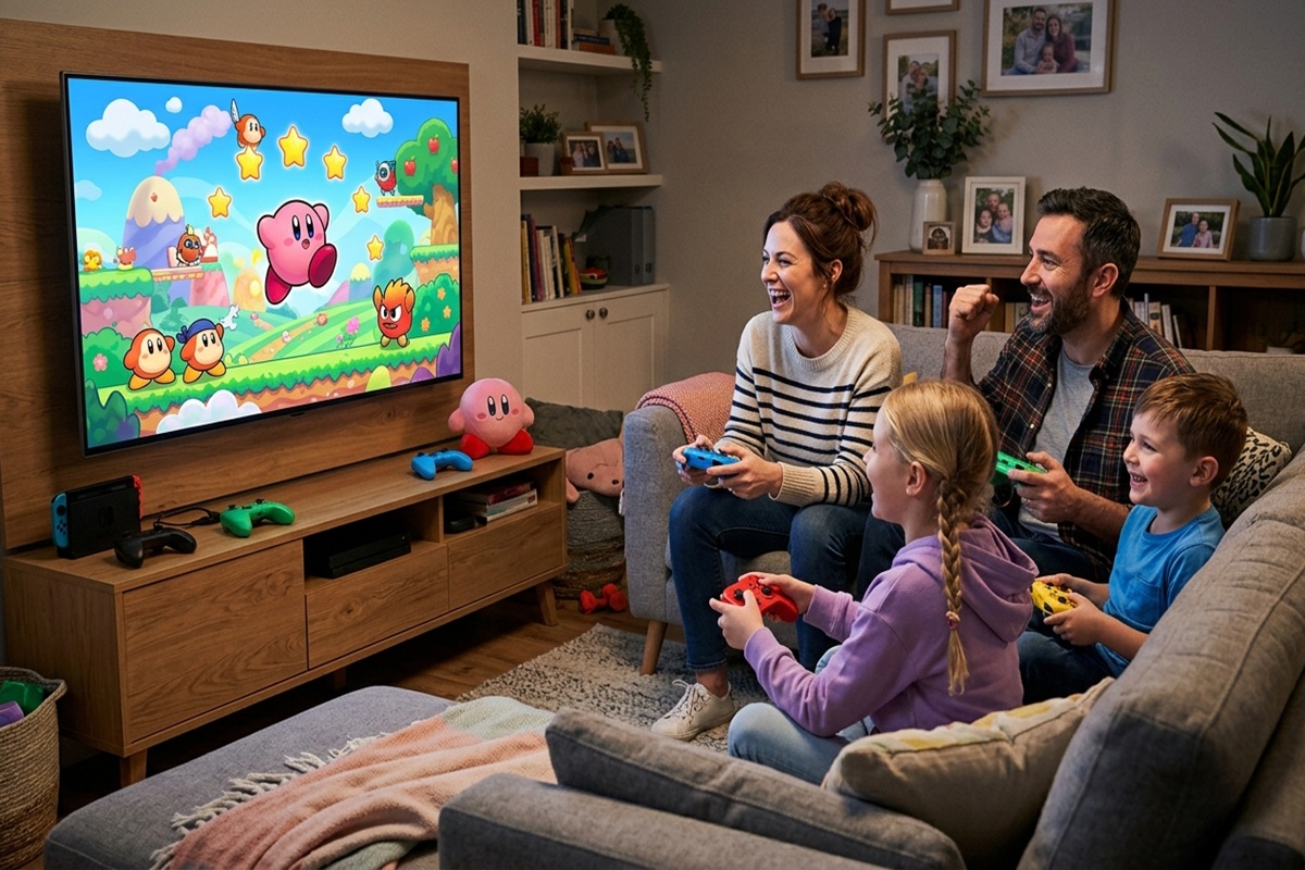 Une famille jouant à un jeu similaire à Kirby and the World Beyond