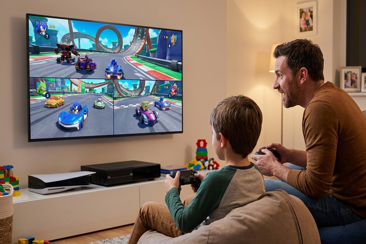 Un enfant qui joue à un jeu Sonic avec un adulte