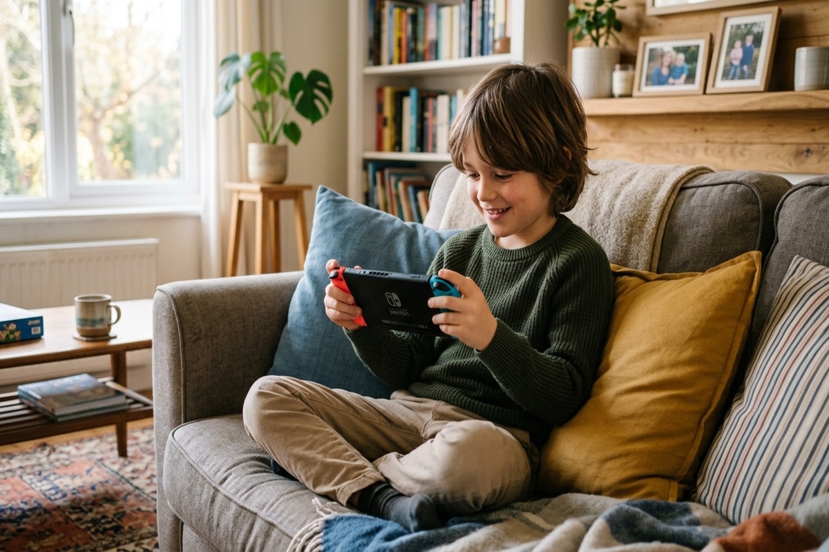 Un enfant qui joue sur sa console
