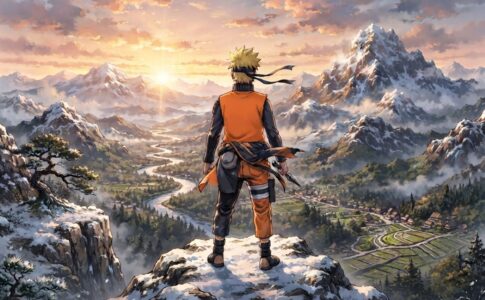 Jeune ninja vu entièrement de dos sur une montagne