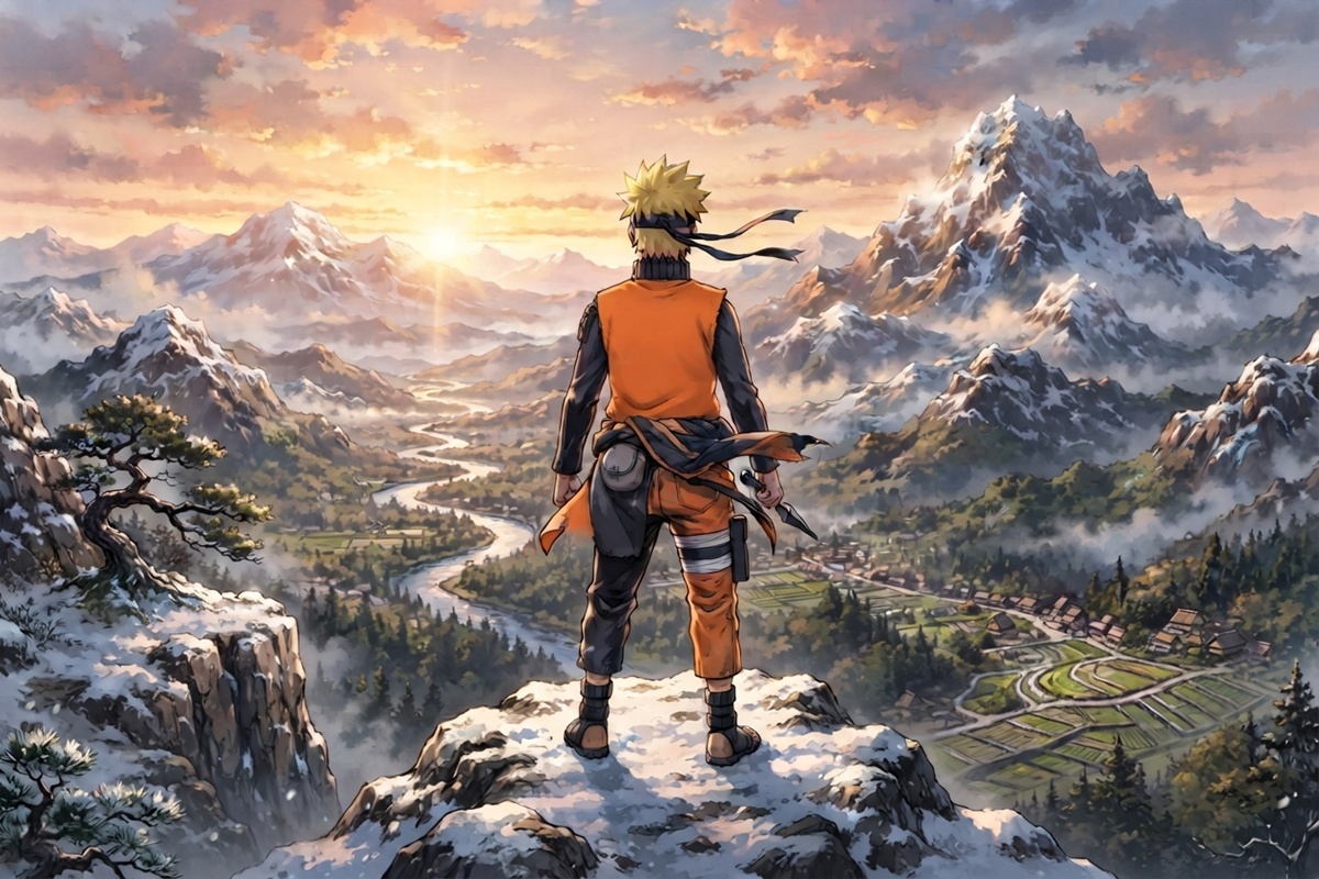 Jeune ninja vu comme Naruto entièrement de dos sur une montagne