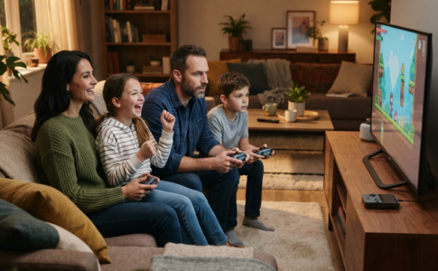 Une famille qui découvre les jeux familiaux de Switch