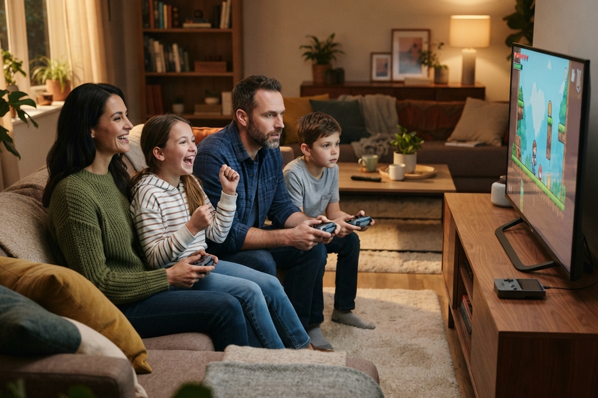 Une famille qui découvre les jeux familiaux de Switch