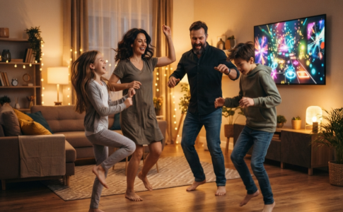 Une famille qui danse sur un jeu musical