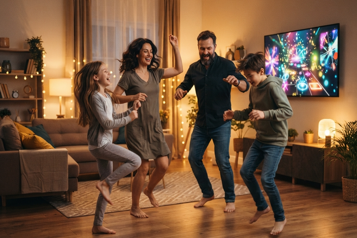 Une famille qui danse sur un jeu musical