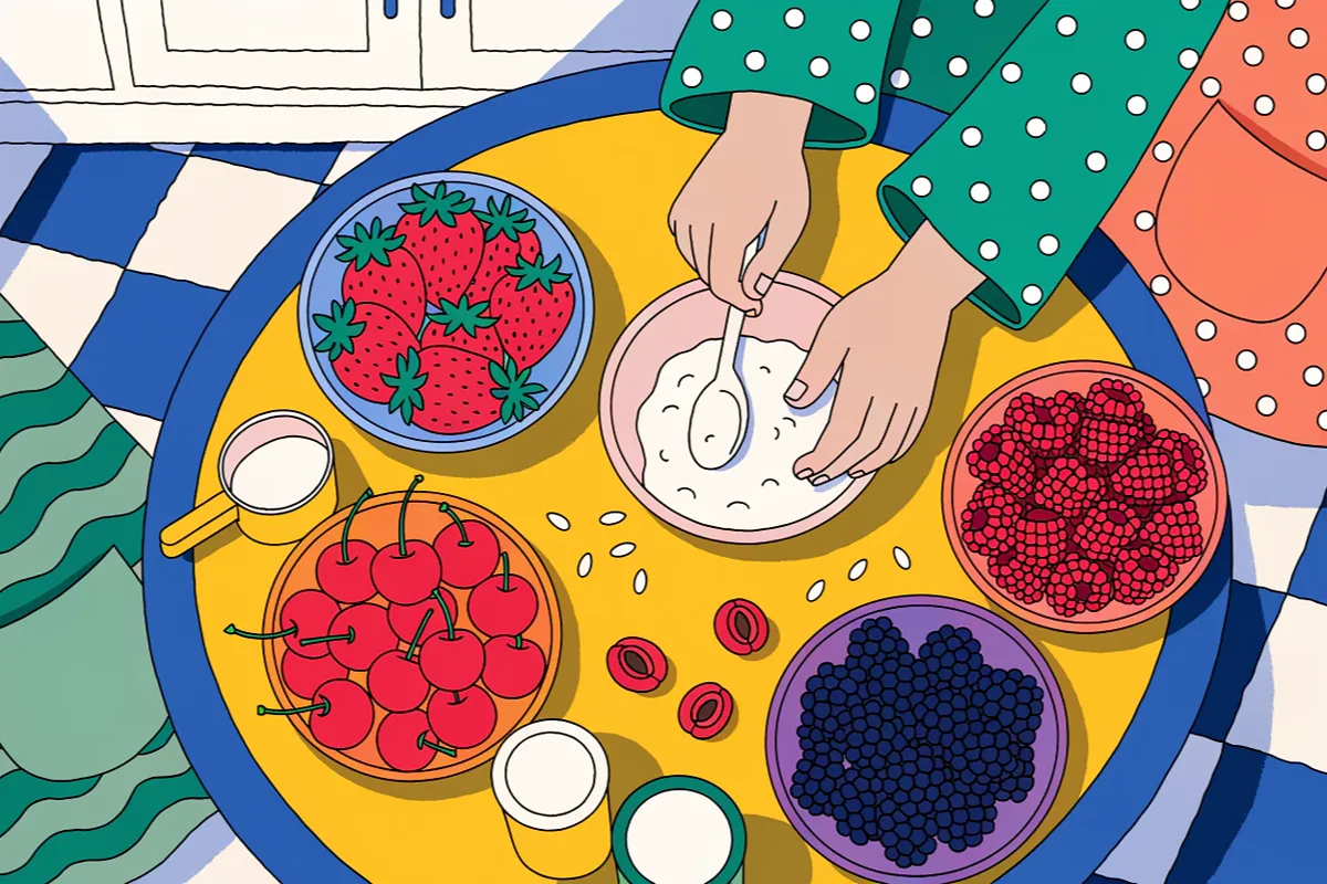 table de cuisine colorée illustrant l'univers du dessin animé Les Petits Gourmands