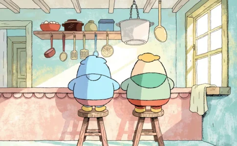 deux enfants de dos aux fourneaux dans l'esprit du dessin animé Les Petits Gourmands