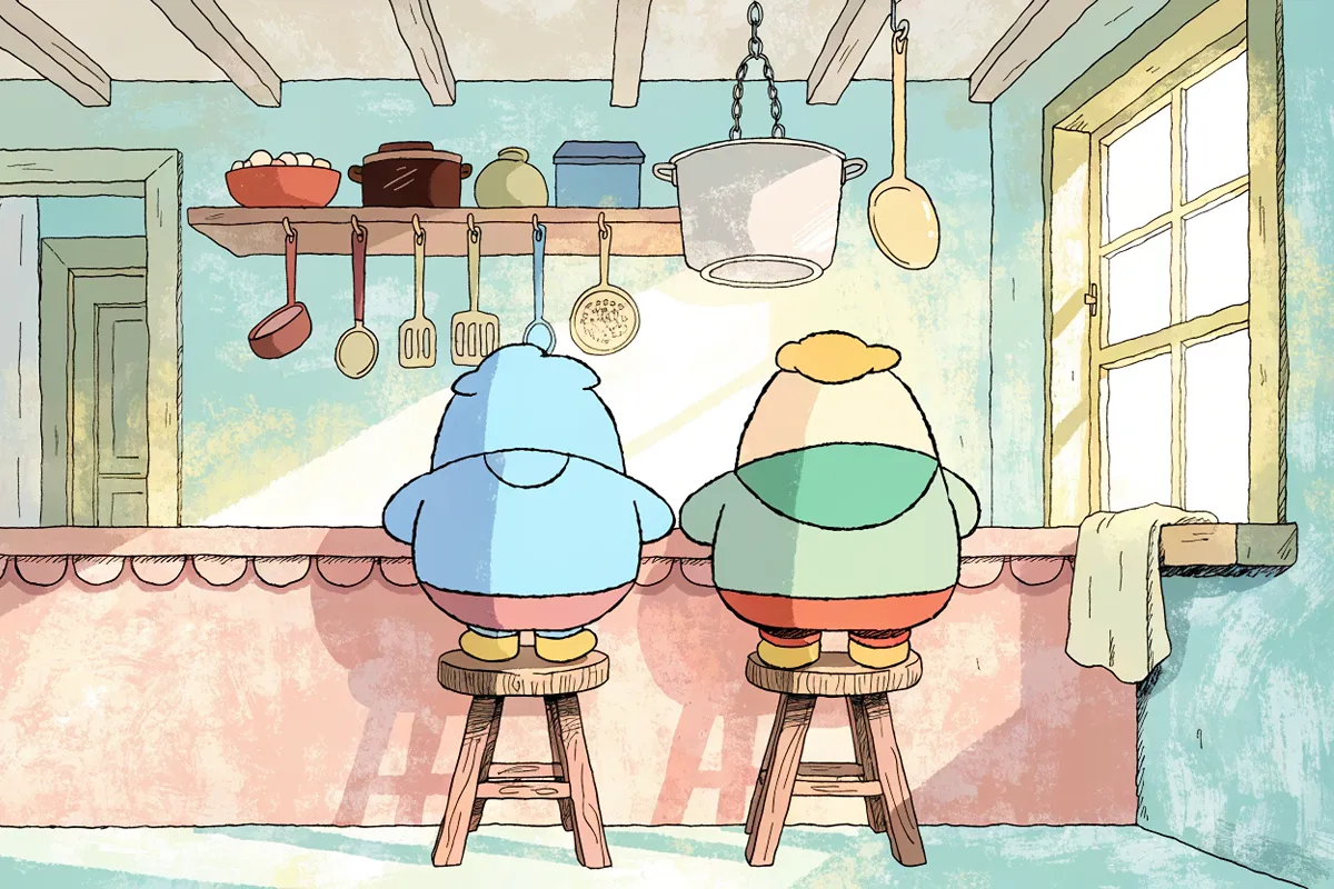 deux enfants de dos aux fourneaux dans l'esprit du dessin animé Les Petits Gourmands