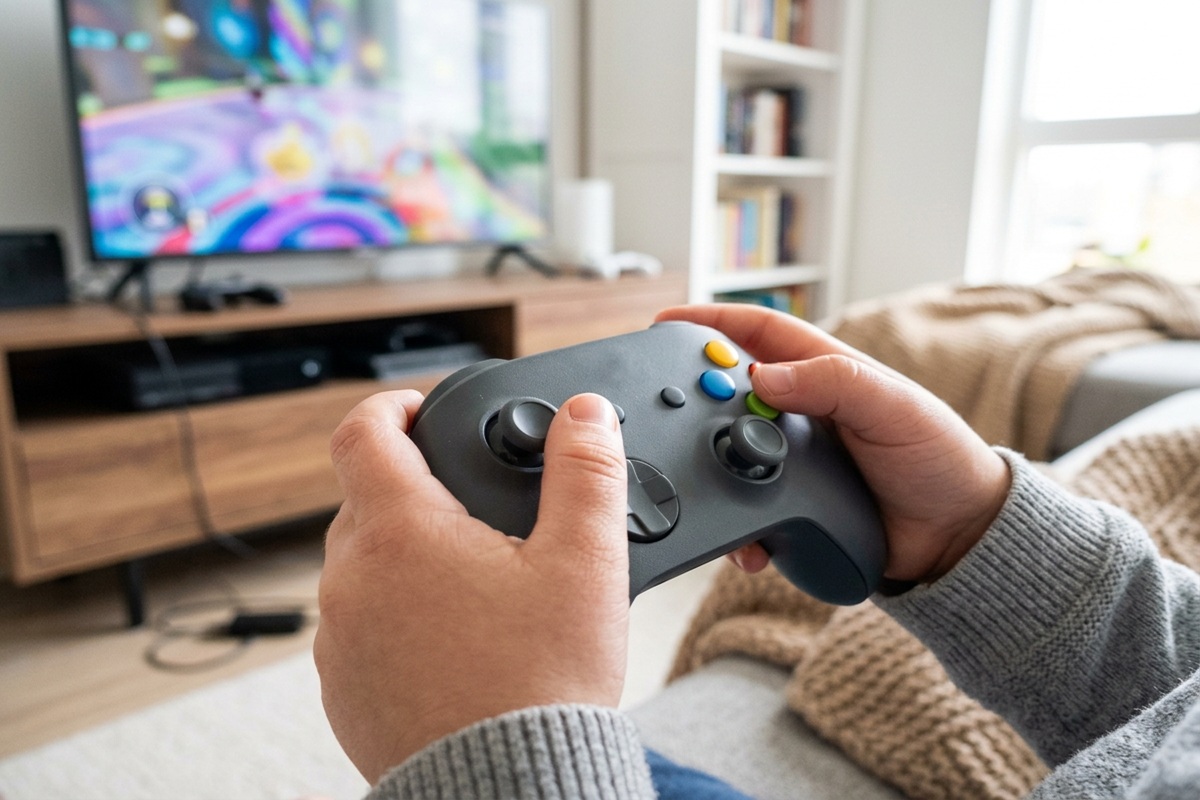 Un enfant tenant une manette jeu vidéo dans ses mains