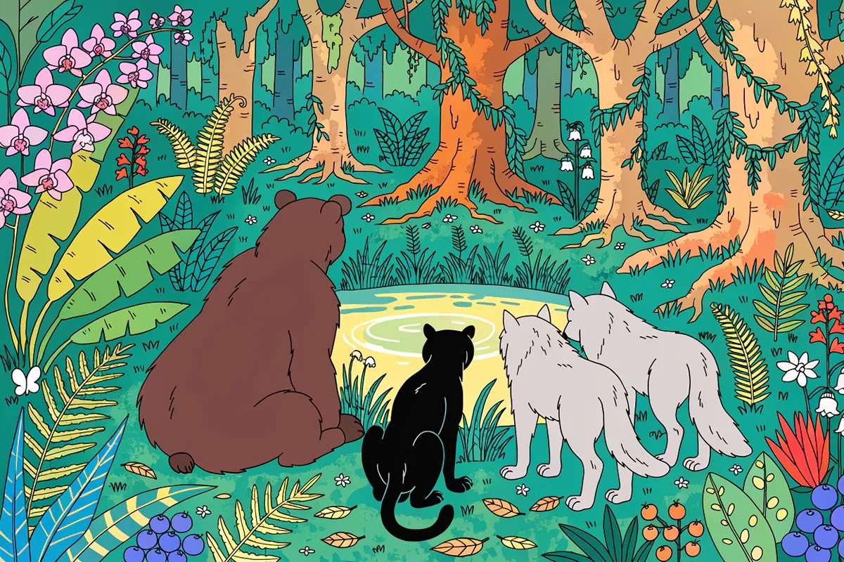 Animaux de la jungle rassemblés près d’un point d’eau dans l’univers de Mowgli