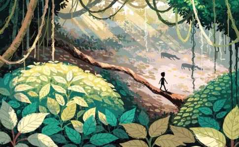 Un enfant sur une branche évoquant Mowgli
