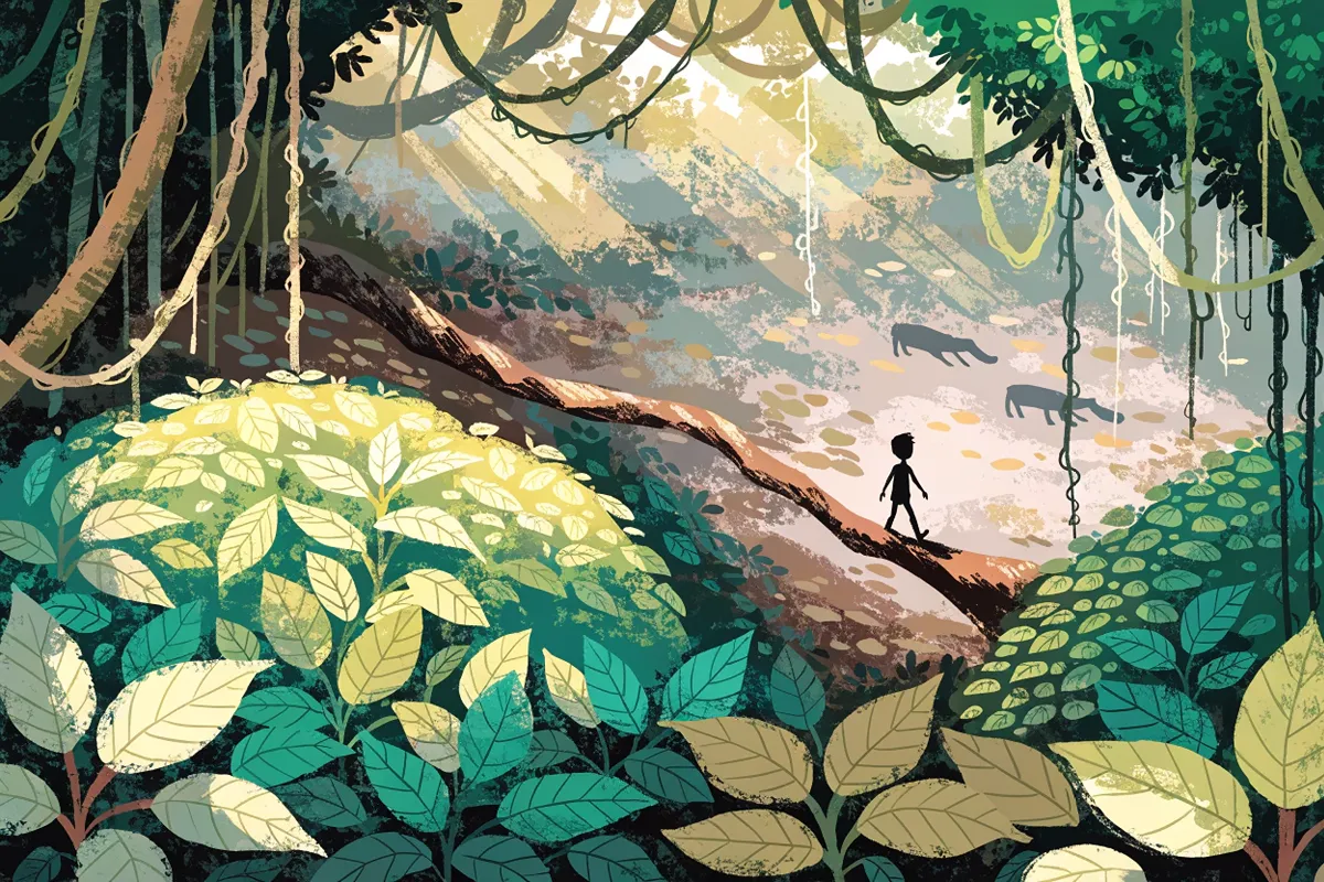 Un enfant sur une branche évoquant Mowgli