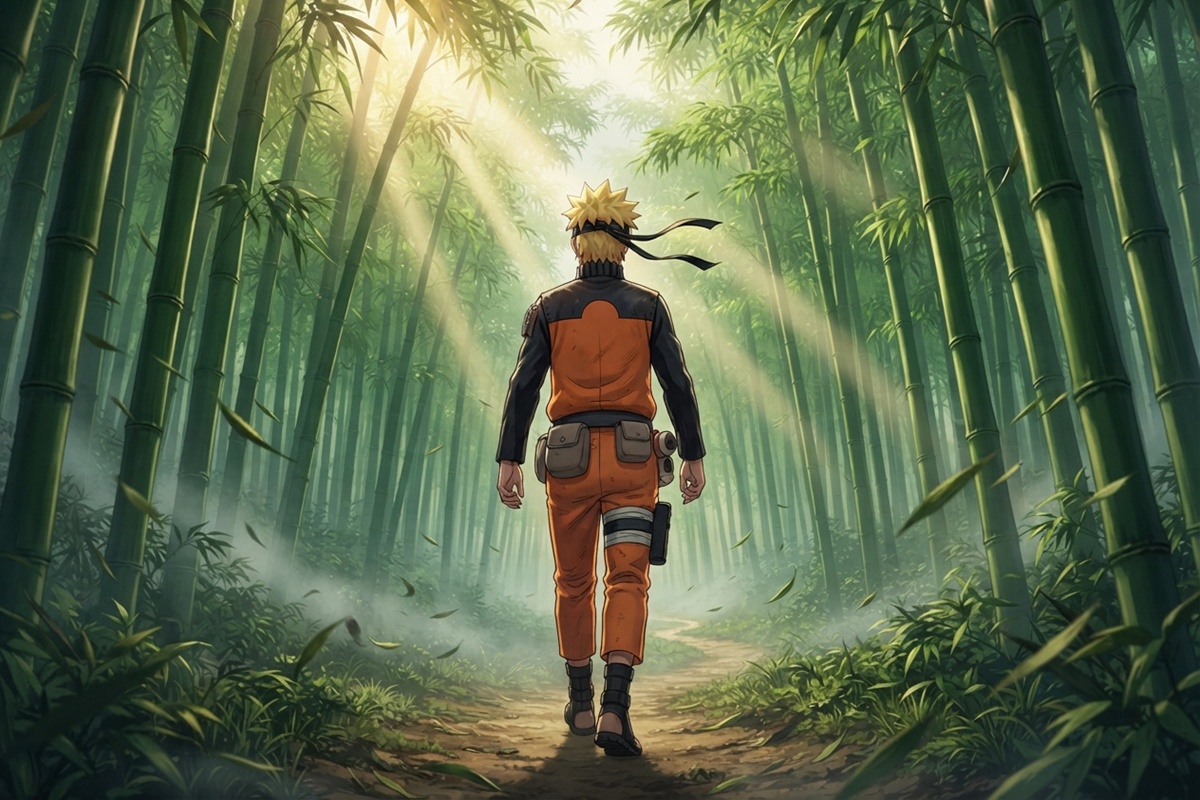 Ninja marchant au milieu d’une immense forêt de bambous
