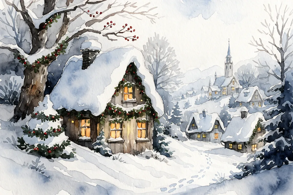 Décor de fête de Noël enneigé évoquant l'univers d'Ernest et Célestine