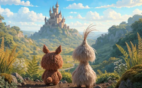 deux petites créatures imaginaires dans un paysage médiéval, style stop-motion