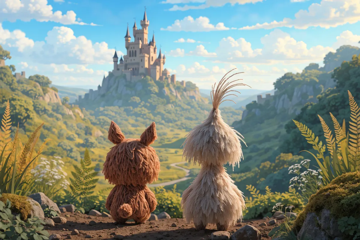 deux petites créatures imaginaires dans un paysage médiéval, style stop-motion