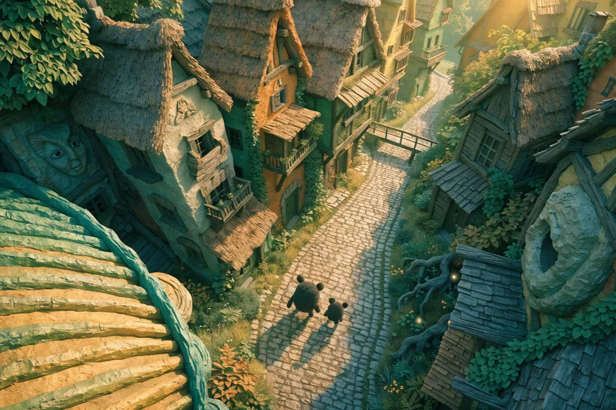 village médiéval coloré avec des silhouettes de créatures mignonnes évoquant Pokémon Tales