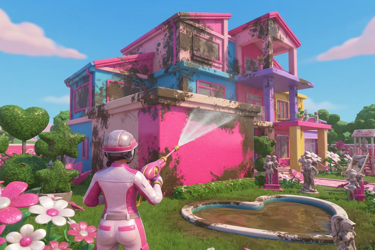 Illustration de l’univers Barbie dans le jeu PowerWash Simulator 2