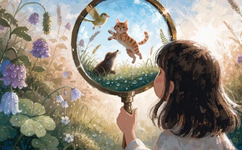 Une fillette regarde à travers une loupe géante un monde miniature peuplé de petits animaux, illustrant le programme « Dans tous les sens »