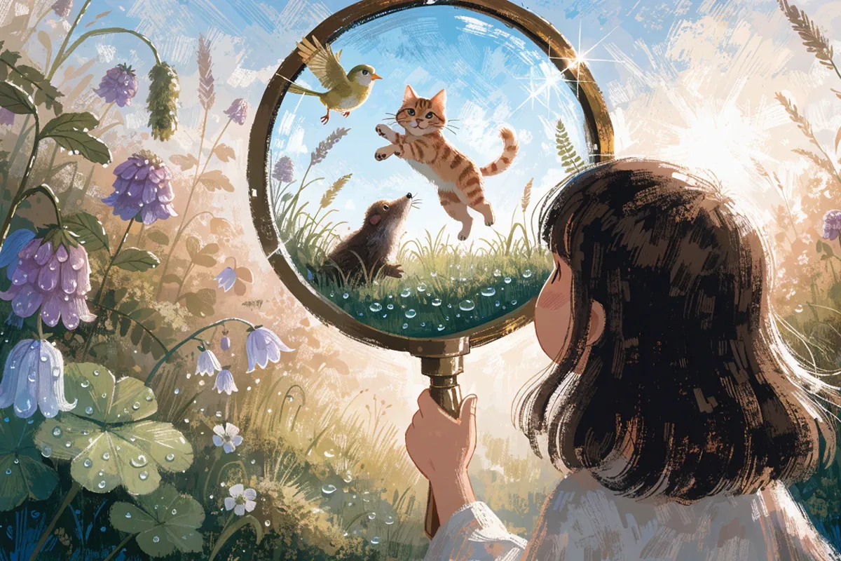 Une fillette regarde à travers une loupe géante un monde miniature peuplé de petits animaux, illustrant le programme « Dans tous les sens »