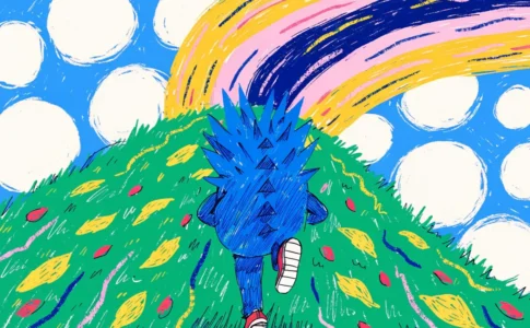 Une créature bleue filant sur une colline évoquant Sonic the hedgehog
