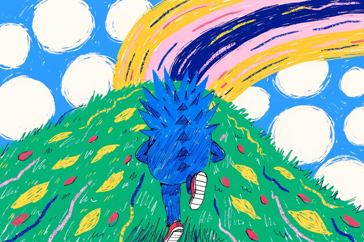 Une créature bleue filant sur une colline évoquant Sonic the hedgehog