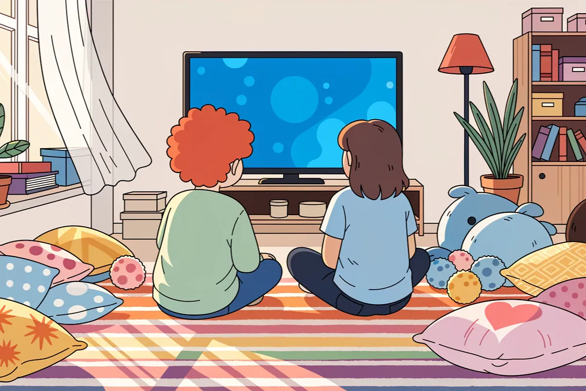 Enfants installés devant un écran pour regarder une série dans l’esprit de Sonic the Hedgehog