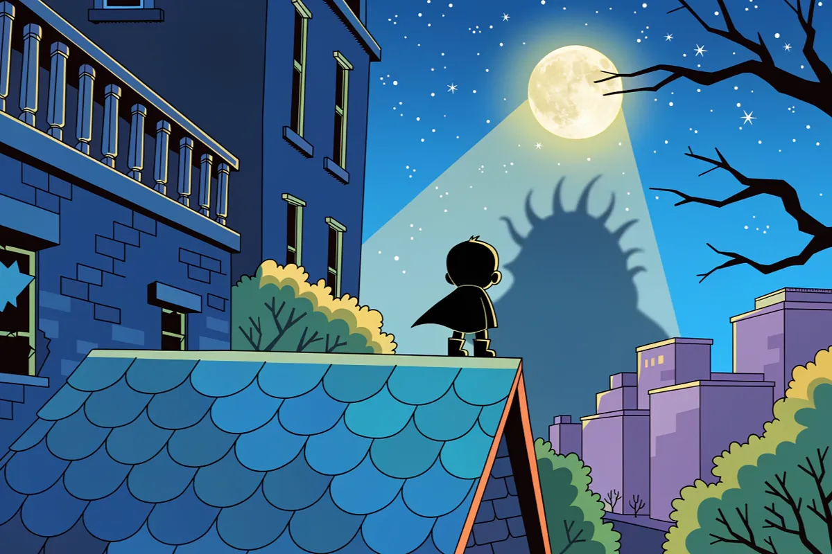 Silhouette de super-héros miniature face à une ombre mystérieuse un soir d'Halloween 