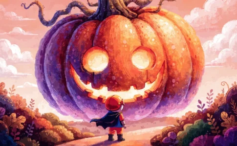 Un héros miniature de Spidey et ses amis extraordinaires vu de dos devant une citrouille d'Halloween