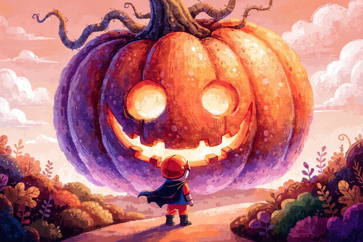 Un héros miniature de Spidey et ses amis extraordinaires vu de dos devant une citrouille d'Halloween 