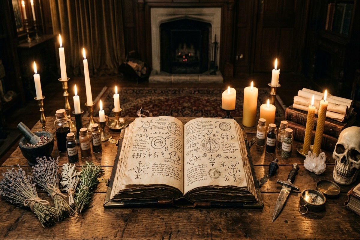 Un ancien grimoire ouvert sur une table en bois