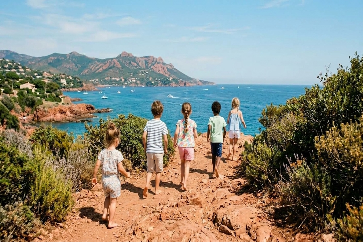 Un groupe d’enfants courant sur des rochers rouges 