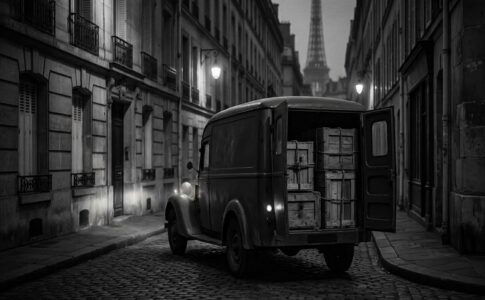 Une camionnette ancienne chargée de caisses en bois