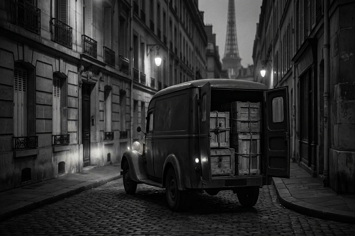 Une camionnette ancienne chargée de caisses en bois 