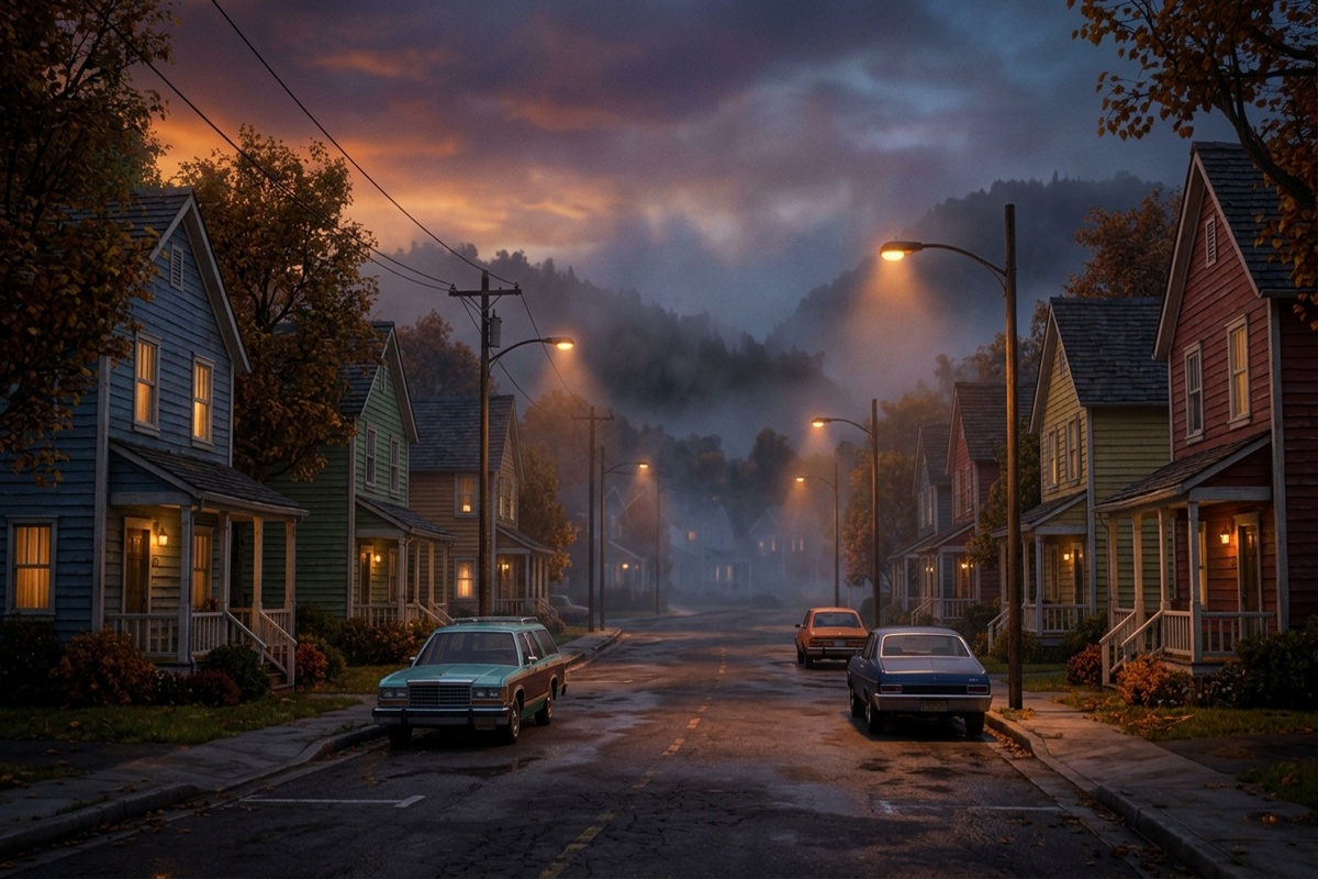 Une petite ville américaine en 1985 au coucher du soleil