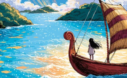 silhouette de jeune fille de dos sur un bateau polynésien face à l'océan, esprit aventurier de Vaiana live-action