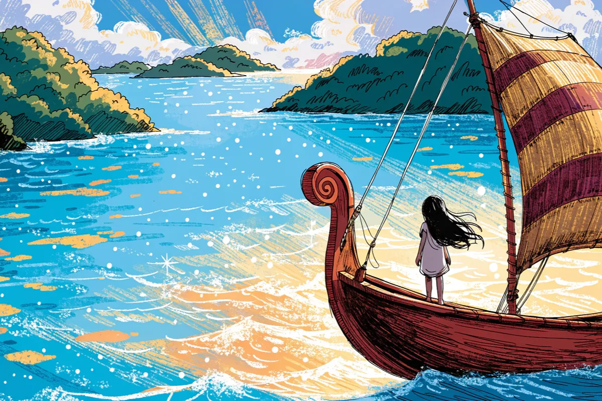 silhouette de jeune fille de dos sur un bateau polynésien face à l'océan, esprit aventurier de Vaiana live-action  