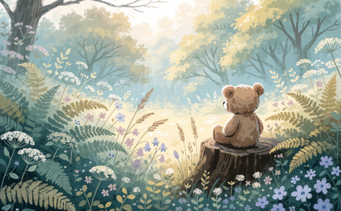 Un ourson comme Winnie l’Ourson assis dans une clairière aux couleurs douces